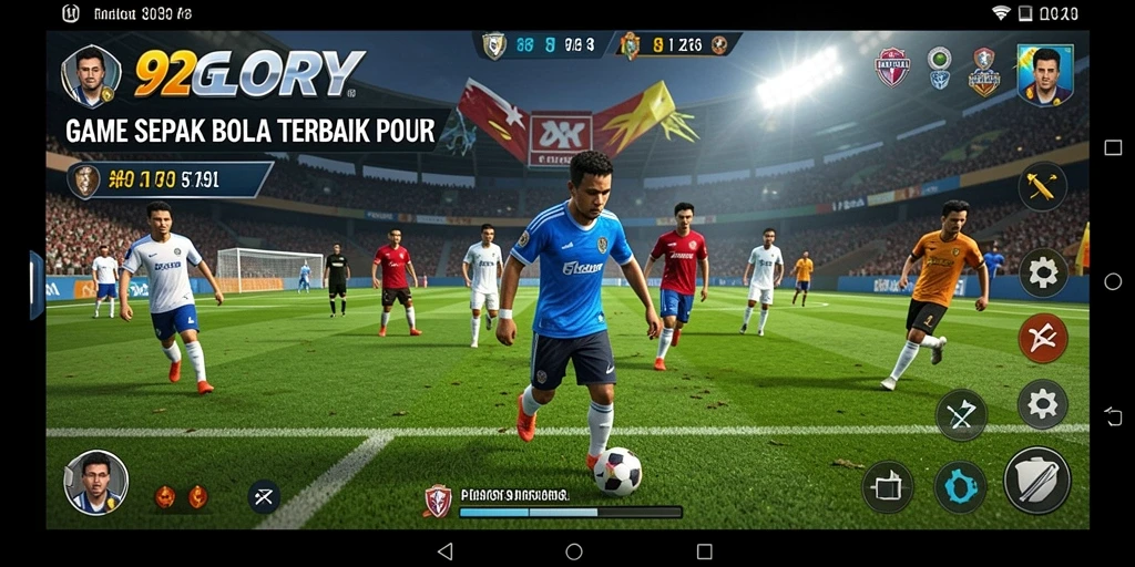 Screenshot 92GLORY menampilkan aksi seru di lapangan sepak bola.