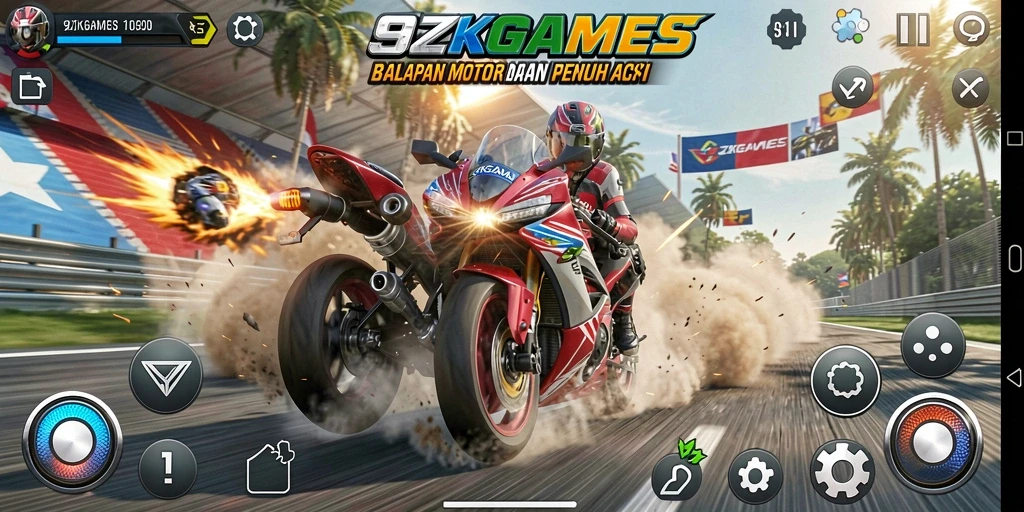 Screenshot gameplay 9ZKGAMES menampilkan aksi balapan motor yang mendebarkan.