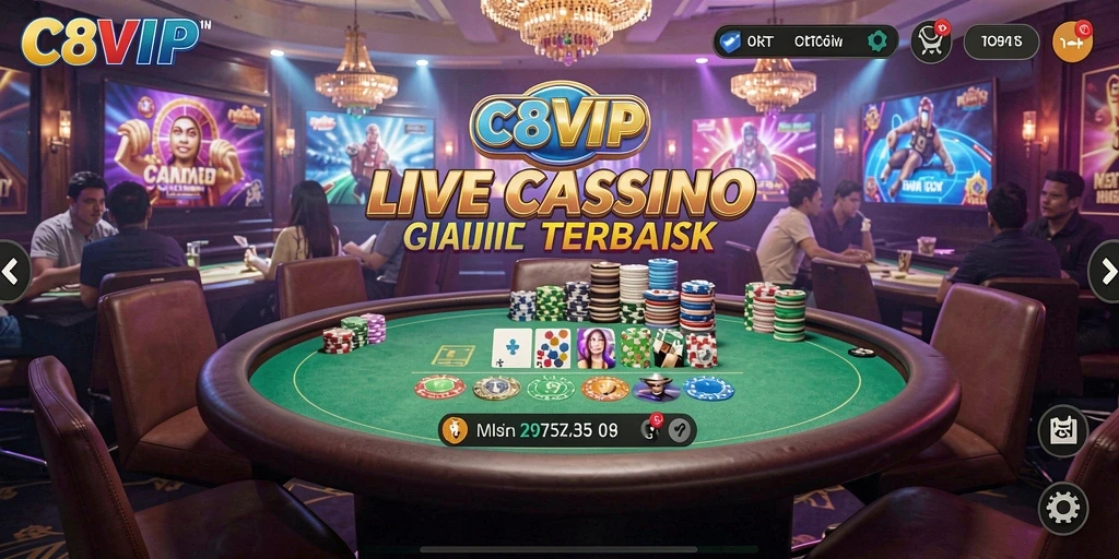 Tangkapan layar gameplay C8VIP menampilkan dealer langsung dalam aksi yang mendebarkan.