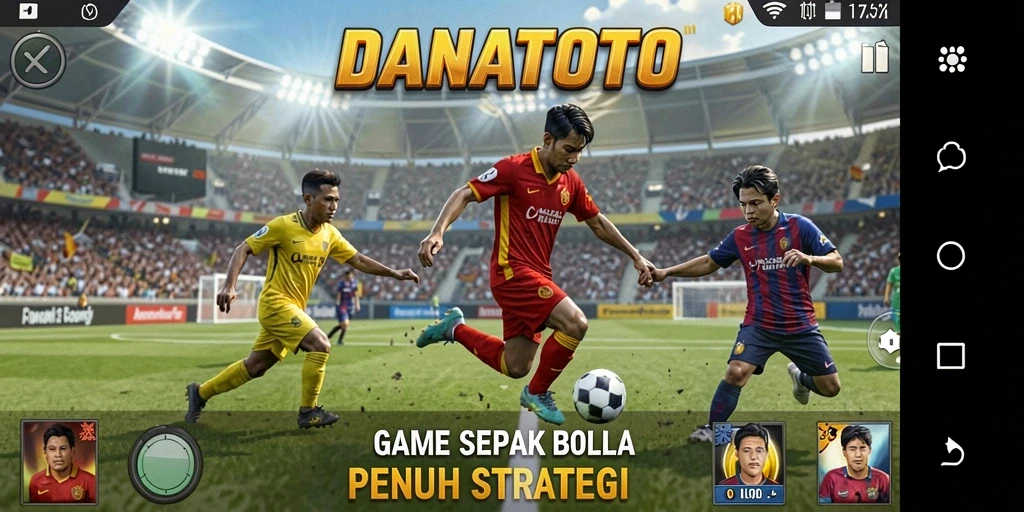 Tangkapan layar dari gameplay <strong>DANATOTO</strong>, menunjukkan aksi sepak bola yang intens.
