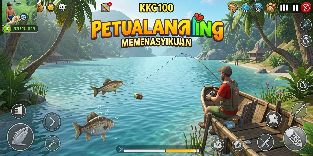 Gameplay KPK100 yang seru saat menangkap ikan di laut lepas.