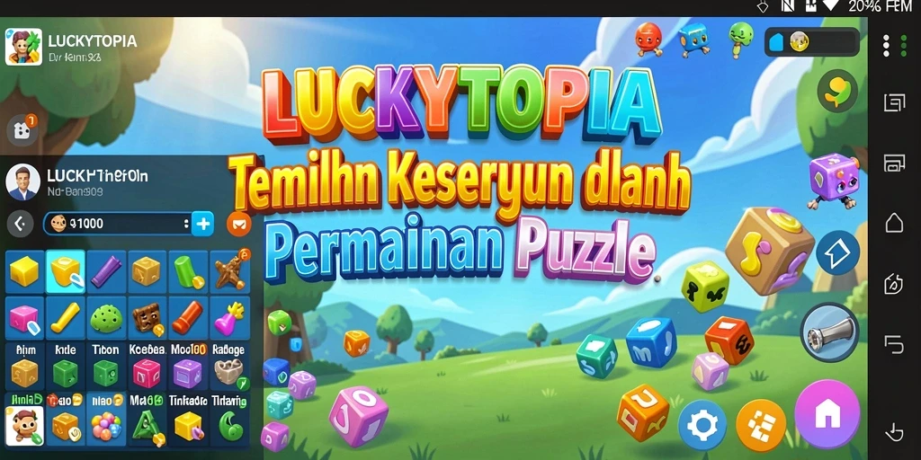 Tangkapan layar utama LUCKYTOPIA menampilkan gameplay puzzle yang seru.