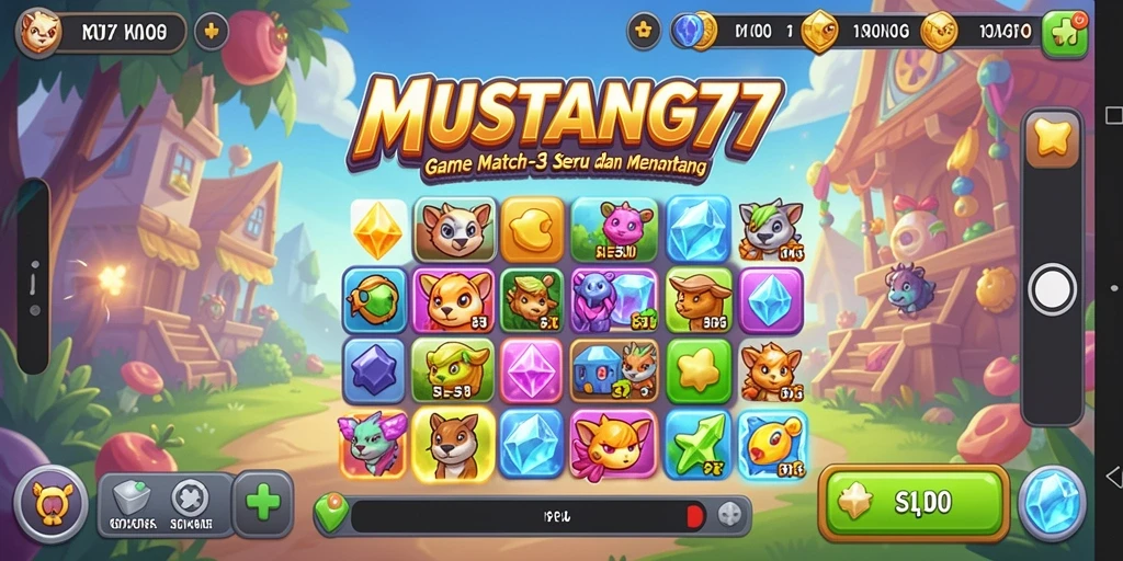 Gameplay seru di MUSTANG77 dengan tantangan Match-3 yang menarik.