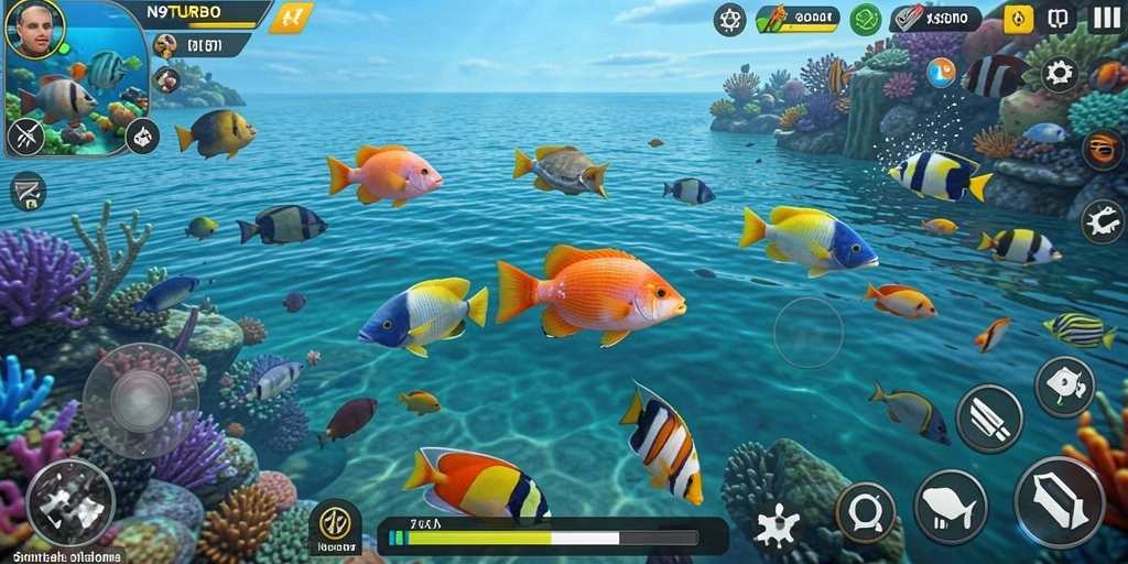 Tampilan gameplay menarik di N9TURBO saat menembak ikan.